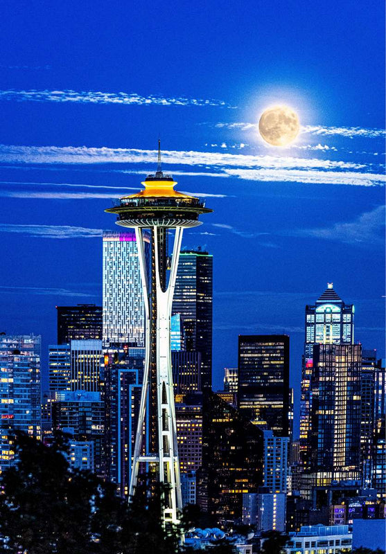 Space Needle With Full Moon