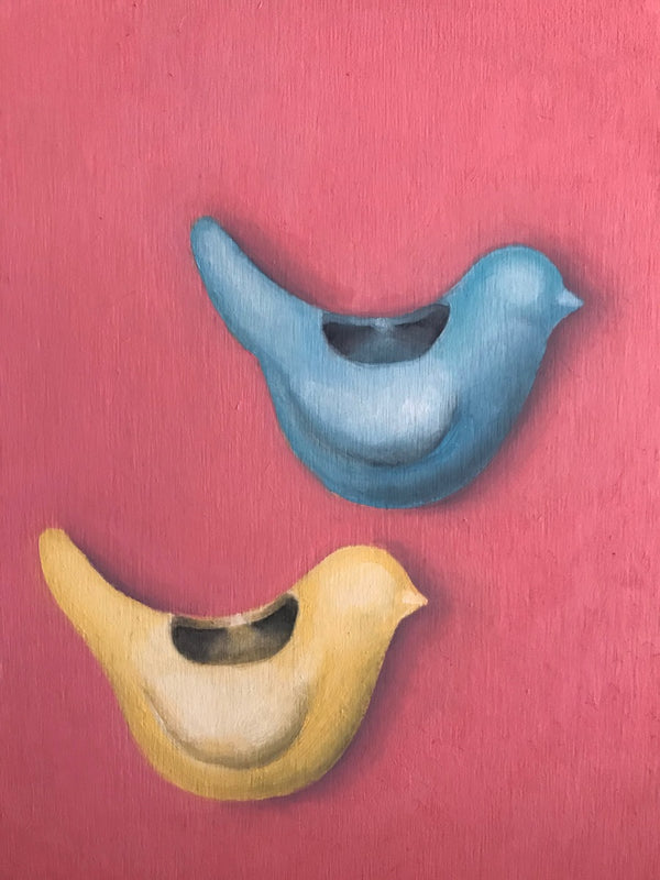 Ceramic Bird Vases on Red Wall