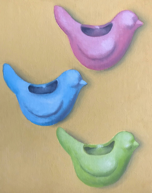 Ceramic Bird Vases on Yellow Wall