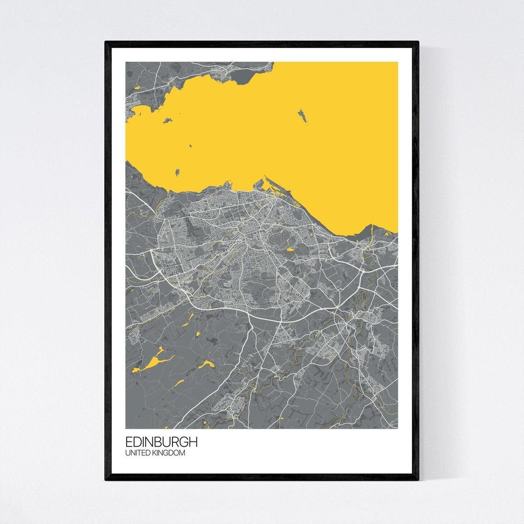 Edinburgh Map Yellow/Grey, framed.
