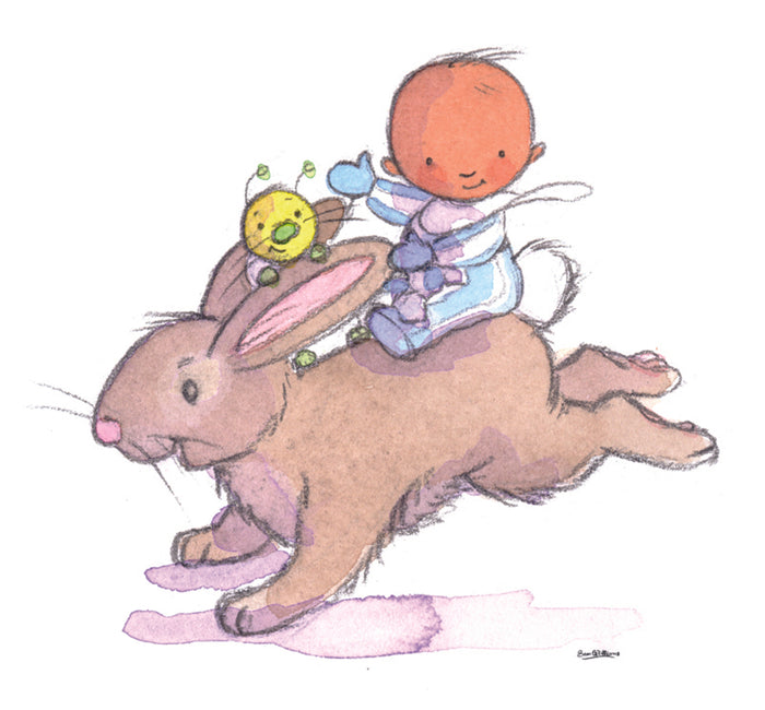 Baby rides a bunny